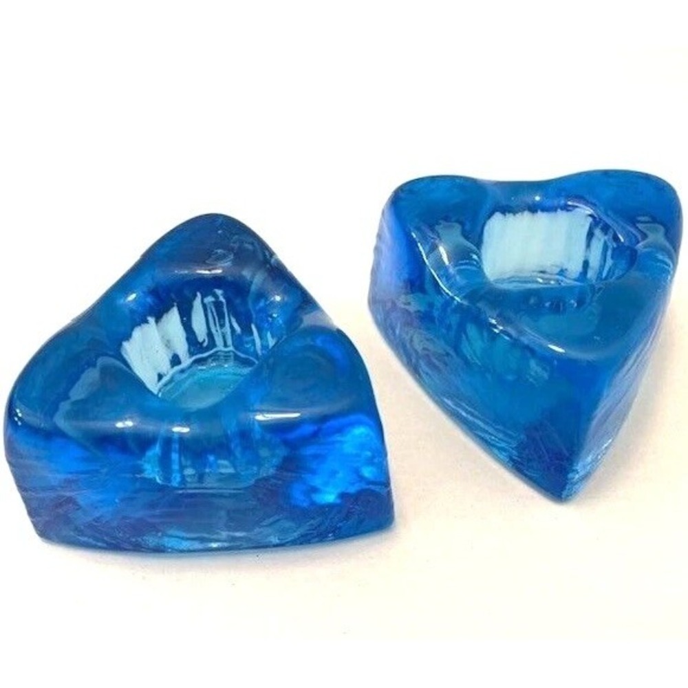 2pc Vintage Blue Glass Candle Holder Pair Mid Century Modern Abstract Geometric